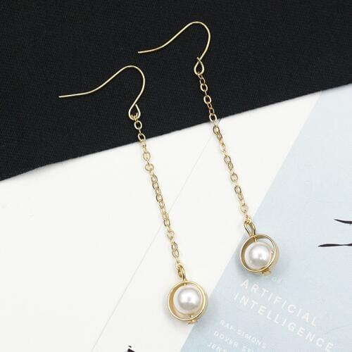 Simulated Pearl Tassel Chain Long Drop Earrings For Women Dangle Earrings Black White Gray Color Double Circle Bead Hanging Ear