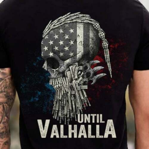 Until Valhalla American Flag Vintage Arms Viking Warrior Skull T-Shirt. Summer Cotton O-Neck Short Sleeve Mens T Shirt New S-3XL