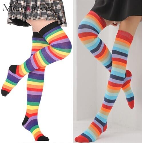 Over The Knee Socks Rainbow Color Striped Thigh High Large Size Long Tube Fashion Warm Girls School Stage Performance Sock