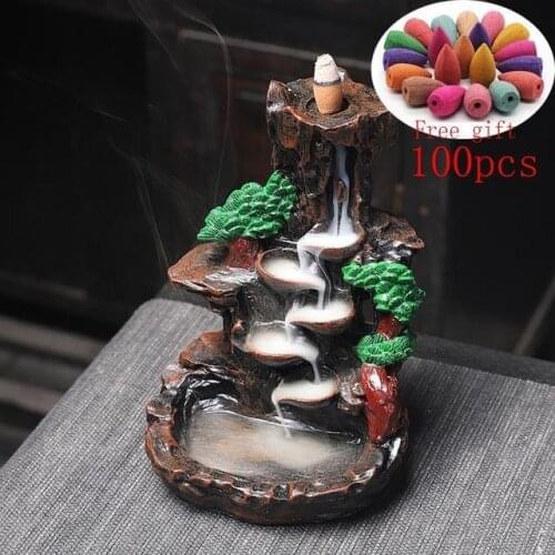 Mountains River Waterfall Incense Burner Fountain Backflow Aroma Smoke Censer Holder Office Home Unique Crafts+100 Incense Cones
