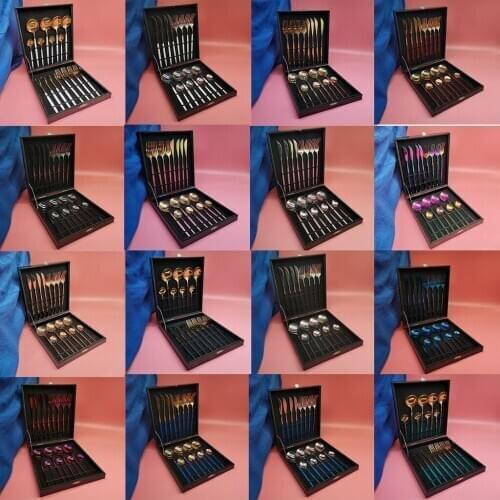 Hot sale 16pcs black wooden box high quality stainless steel knife fork spoon coffee spoon tableware kitchenware cutlery set