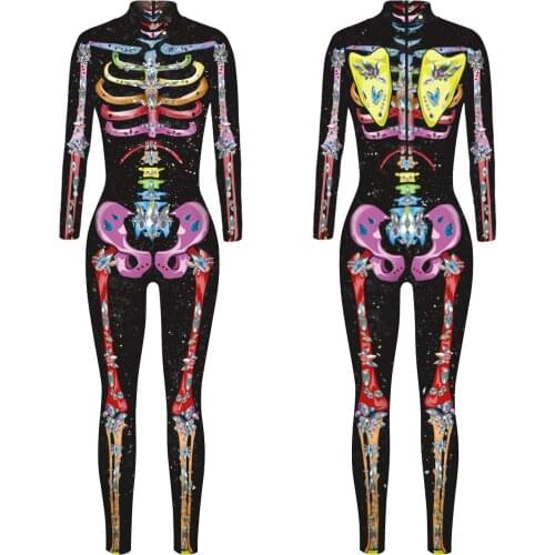 Deluxe Halloween Skeleton Cosplay Jumpsuit Women Sexy Bone Scary Costume Girl Horror Zombie Diomand Skull Print Bodysuit C41C62