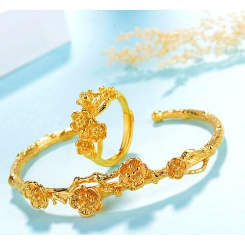 Flower Rattan Bangle Ring Set 18K Gold Romantic Womens Wedding Bridal Jewelry Sets