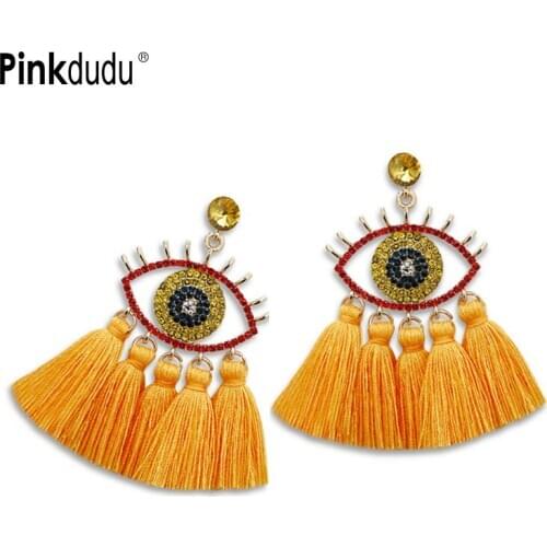 Pinkdudu Fashion Statement Boho Long Tassel Thread Earrings Big Blue Rhinestone Evil Eye Drop Earrings for Women Jewelry PD121