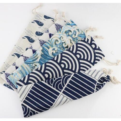 Portable Straw Tableware Storage Bag Japanese Style Canvas Drawstring Travel Carrying Cutlery Case LX8310