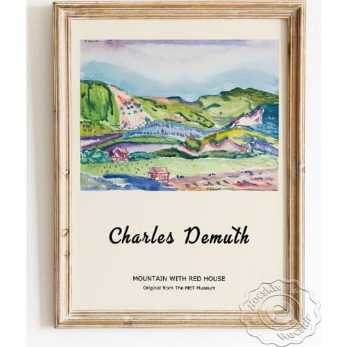 Charles Demuth Exhibition Museum Retro Poster, Mountain With Red House Scenery Canvas Painting, Landscape Art Prints Home Decor