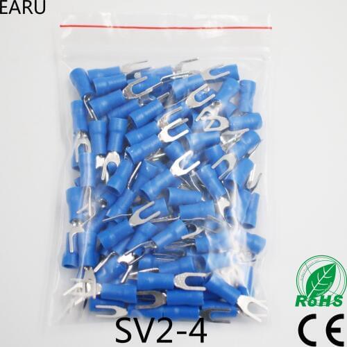 SV2-4 Blue Furcate Cable Wire Connector 100PCS/Pack Furcate Pre-Insulating Fork Spade 16~14AWG Wire Crimp Terminals SV2.5-4 SV