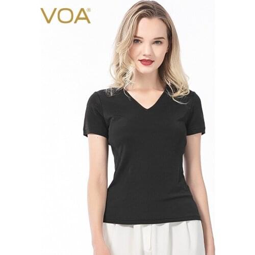 VOA Silk 33m/m Black Double-sided Plain Knit V-neck Basic Waist Slim Comfortable Joker T-shirt B83 Summer Tops for Women 2021