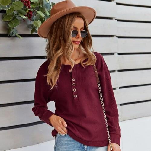 2021 Autumn Women T-shirts Solid Color Single-breasted Loose Tops O-Neck Long Sleeve Casual All-match Women Clothes Streetwear