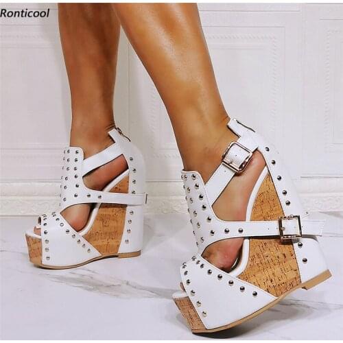 Ronticool New Fashion Handmade Women Platform Sandals Sexy Studded Stiletto Heels Open Toe Black White Party Shoes US Size 5-20