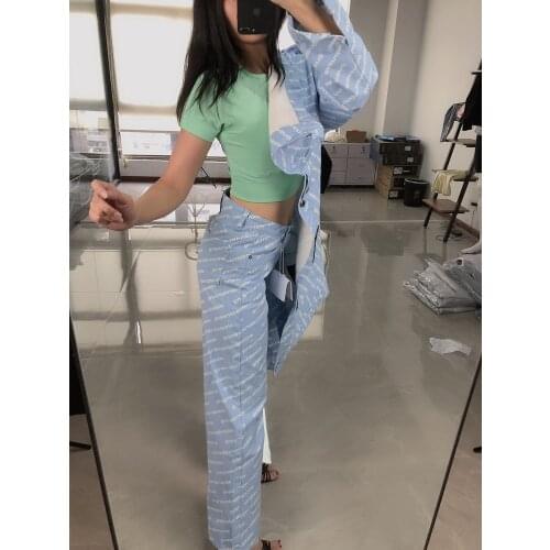 Women Letter High Waist Blue Jeans Fashion Wide Leg Pants For Spring Autumn