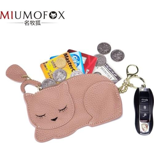 Women Mini Cute Cat Coin Purse Genuine Leather Womens Car Key Case Slim Girl Wallet Credit Case ID Card Holder Small Purses