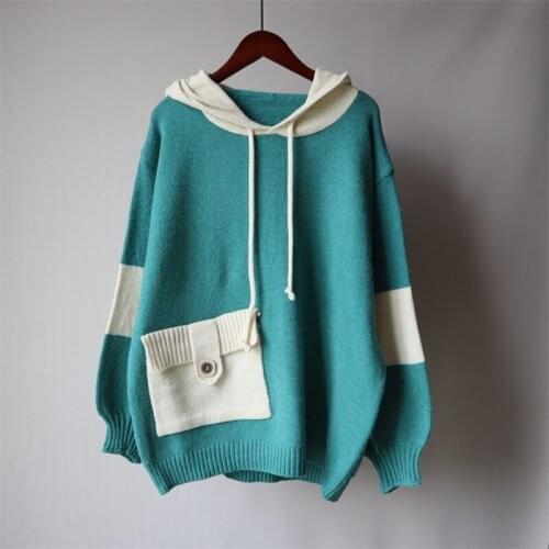 Hoodies Women Autumn Winter Knitted Sweater Big Pocket Fashion Long Sleeve Warm Pullovers Female Loose Hooded Sweaters Tops