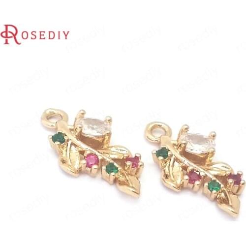 38899)10PCS 24K Champagne Gold Color Brass and Zircon Tree Leaf Leaves Charms Pendants Jewelry Making Supplies Diy Accessories