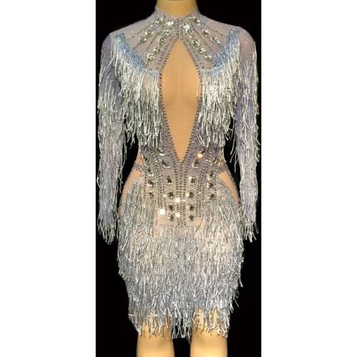 Sparkly Rhinestone Crystal Dress Women Birthday Celebrate Costume Female Singer Bling Tassel Party Dresses Performance Outfits