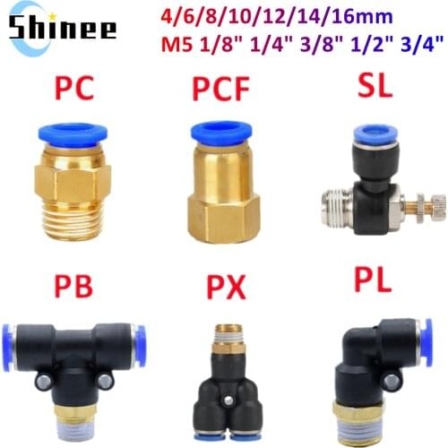 Pneumatic Air Connector Fitting PC/PCF/SL/PB/PX/PL 10mm 12mm 14mm 16 Thread M5 3/4" 1 2 way Hose Fittings Pipe Quick Connectors