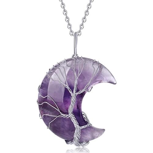 FYJS Unique Silver Plated Wire Wrap Crescent Moon Amethysts Stone Pendant Link Chain Necklace Black Agates Jewelry
