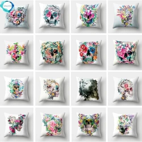 Halloween Floral Skull Print Cushion Cover Polyester Decorative Pillow Cover for Home Sofa Bed Nordic Style Pillow Case 45X45CM