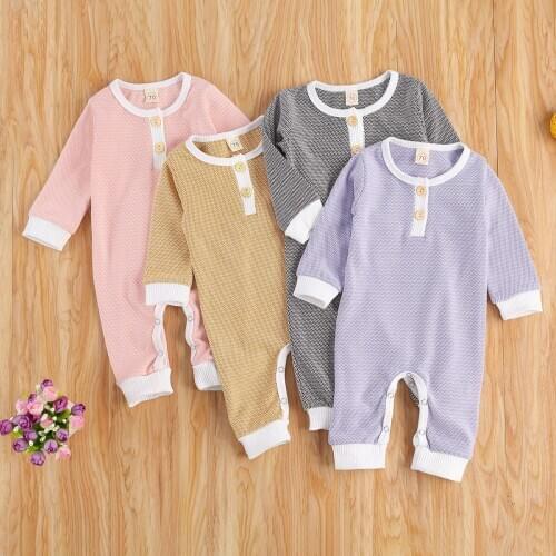 Newborn Baby’s Long Sleeve Jumpsuit Autumn Fashion Solid Color Round Neck One Piece Romper Baby Girl Boy Clothes