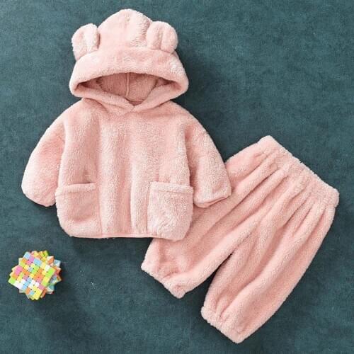 Boys Girls Winter Clothing Set Cute Bear Hooded Coats+pants Baby Kids Cashmere Soft Warm Casual Suits Children Clothes Sets