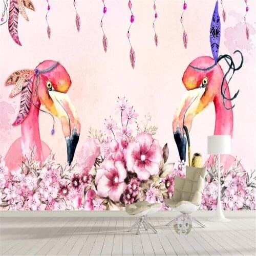 Milofi large mural wallpaper Nordic watercolor flamingo flower living room bedroom background wall decoration painting