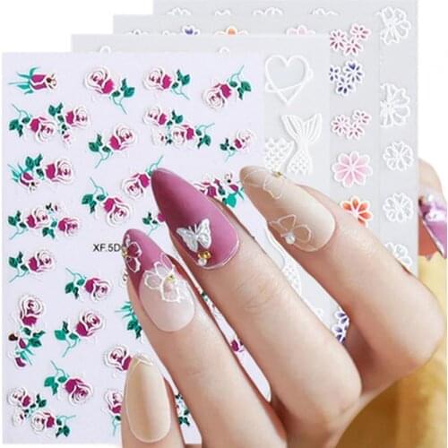 2021 Newest 1Sheet White Embossed Flower Lace 5D Sticker Decal Wedding Nail Art Designs Floral Butterfly Japanese Manicure Decor