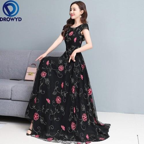 2021 New Summer Womens New Style Dress Ladies Slim Slimming Embroidery and Large Net Yarn Ladies Long Skirt Beach Party Dresses
