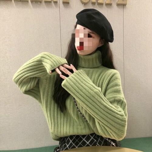 Autumn And Winter New High Collar Green Sweater Women Loose Fashion Casual Sweet Sweater