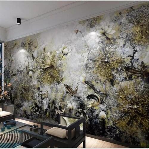 Beibehang Custom wallpaper large high-end fashion new Chinese lotus nine fish picture squid TV sofa background wall painting