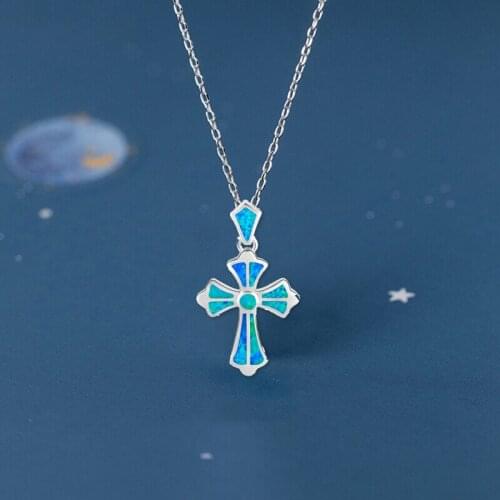 ROLILASON women cross design Blue Fire Opal Silver Stamped charm Pendant Health Fashion jewelry OPs697