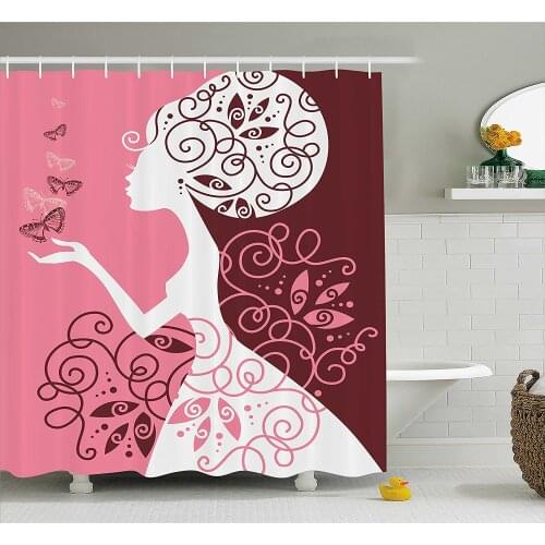 Pink Shower Curtain Artistic Drawing Girl with Butterflies Floral Ornaments Swirled Branches Bath Curtain For Bathroom