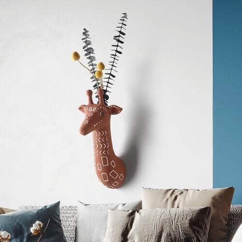 Modern Ceramic Giraffe Wall Hanging Vase Creative Rabbit Animal Flower Hanging Wall Decor Statue Brown Bear Porcelain Ornament