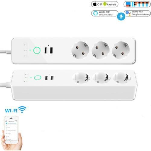 EU Wifi Smart Power Strip 3 Outlets Plug 2 USB Charging Port Timing Tuya App Voice Control Work with Alexa Google Home