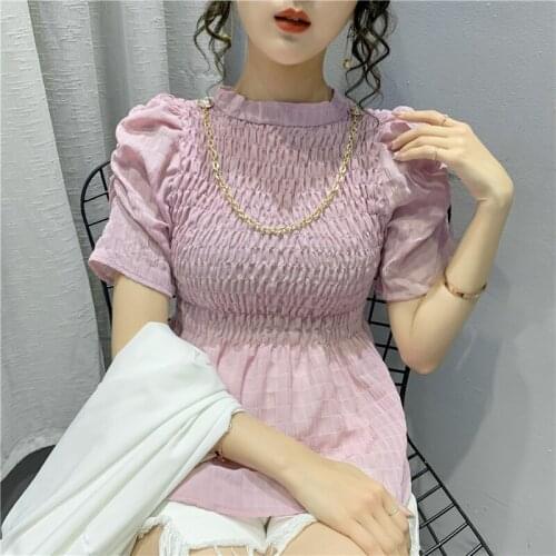 2021 Pleated Short-sleeved Woman Shirts Female Tops Ladies Solid Puff Sleeve Chiffon White Korean Fashion Clothing Pink 0154