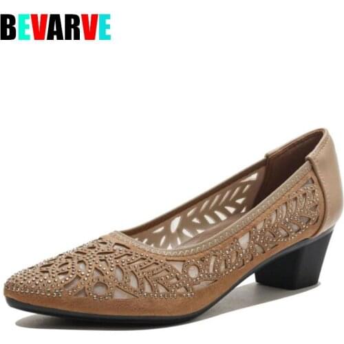 BEVARVE Women High Heel Shoes Mesh Breathable Pumps Rhinestone Pointed Toe Thick Heels Shoes Fashion Female Shoes Elegant Footw