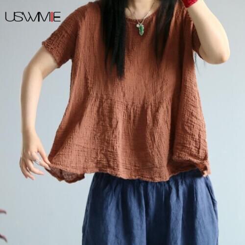 Free Shipping Womens Tops And Blouses Summer New Retro Leisure Solid Color Casual O-neck Solid Color Plus Size Women Pullover