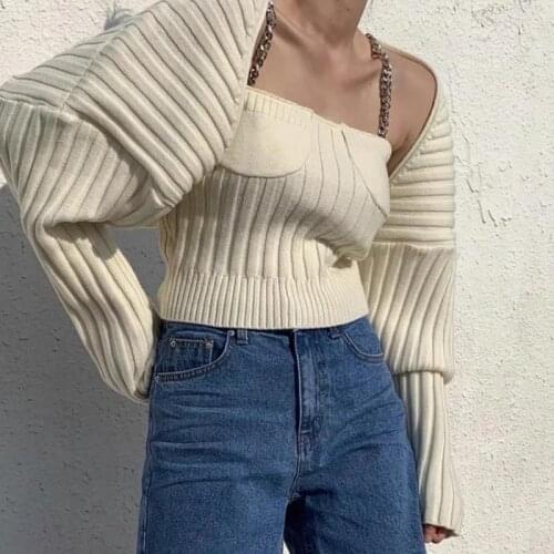 Winter Korean Fashion Chain Three-Dimensional Chest Strap + Lantern Sleeve Long-Sleeved Knit Two-Piece Top Female Gray Sweater