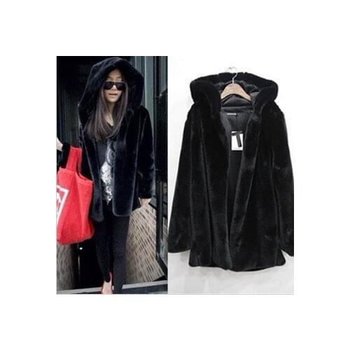 Imitation fur coat womens imitation mink medium length wool coat with cotton hoodie plus size coat coat black black fur coat