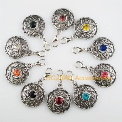 10 New Star 22x26.5mm Charms Mixed Round Crystal Tibetan Silver Plated Retro With Lobster Claw Clasps