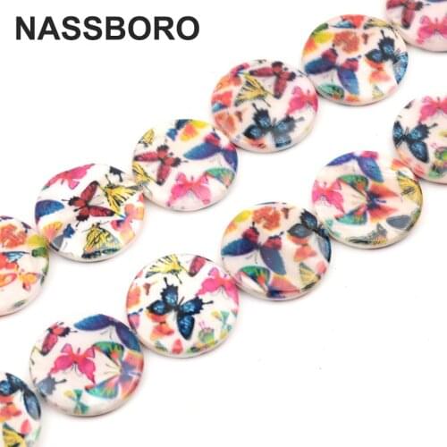 18pcs 20mm Round Shape Two Sides Printed Flowers Shell Beads Loose Beads For Jewelry Making Bracelet Necklace DIY Handmade