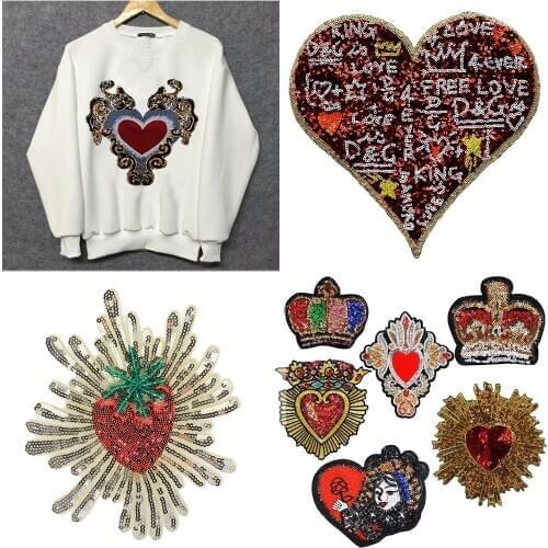 2pieces Beaded Gold Sequin Paillette Heart Pattern Patches Embroidery Applique Badges Clothes Decorated Craft Sewing TH684