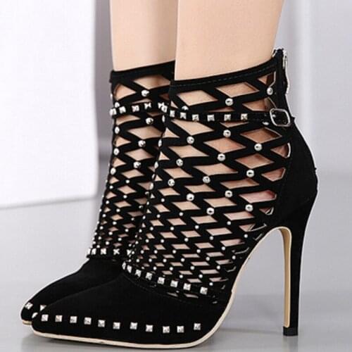 2019 Gladiator Sandals Summer Spring Pointed Toe Rivets Studded Cut Out Caged Ankle Boots Stiletto Heel Women Shoes