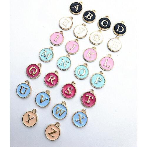 26pcs 12*15mm Round Gold Color Tone Candy Enamel Alphabet Initial Letter Charms Handmade Pendant For Diy Bracelet Jewelry Making
