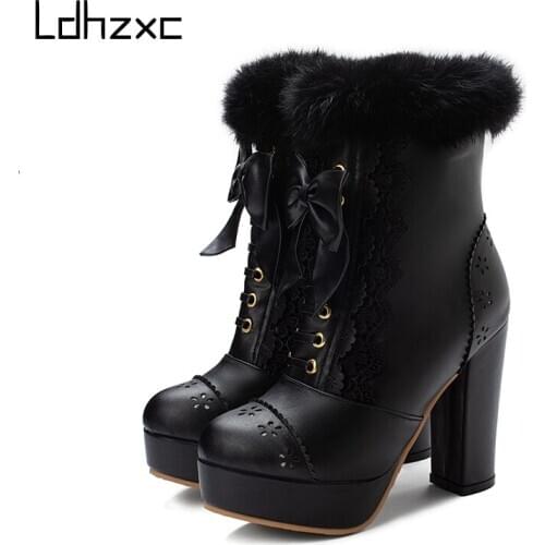 LDHZXC 2020 Newest Hot Ankle Boots Women Zip Sweet Autumn High Heels Platform Boots Sweet Party Wedding Shoes Woman