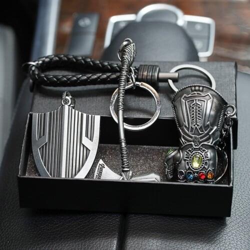 3pcs/set Marvels School Bag Pendant Metal Keychains Ironman Mask Thanos Gloves Figures pendant Car Key Ring Student Xmas Gift