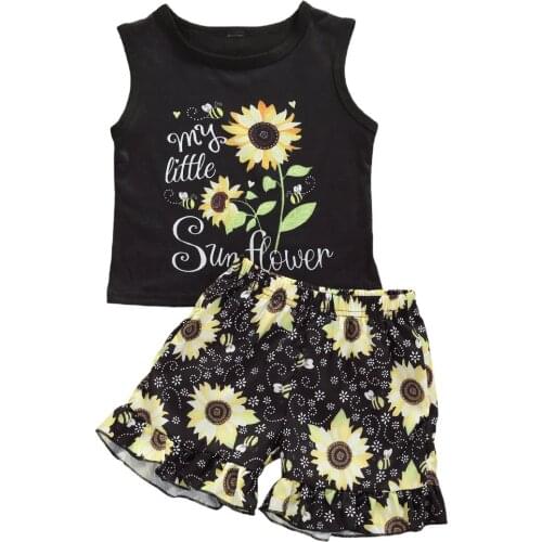 2020 Kids Sunflower 2PCs Outfits 1-5Y Girls Round Neck Letter Print Vest Ruffle Floral Print Shorts Set Baby & Kids Clothing