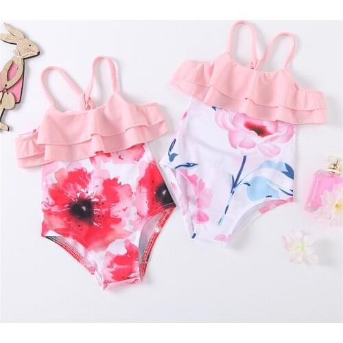 Blotona Babys One-piece Swimsuit, Childrens Halter Style Floral Print Swimwear Ruffle Sleeveless Monokini for Toddler 1-5Years