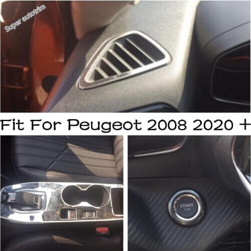 Engine Start Stop Ignition Key Ring / Shift Gear Panel / Air AC Vents Cover Trim Black & Silver Fit For Peugeot 2008 2020 2021