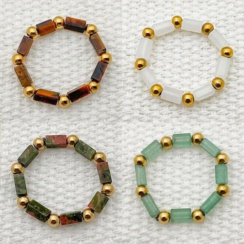 Rectangle Natural Stone Stainless Steel Rings for Women Stretchy Korean Fashion Jewelry Handmade Wedding Ring Gifts Wholesale