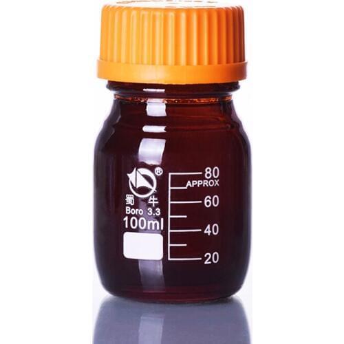 Brown reagent bottle,With yellow screw cover,Borosilicate glass 3.3,Capacity 100ml,Graduation Sample Vials Plastic Lid
